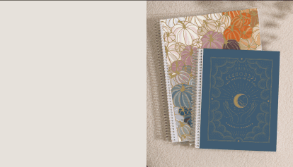 collage of coiled planners featuring new fall designs along with fall themed dashboard and writing tools. Click to build your fall bundle.